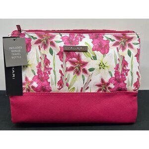 Tahari Pink & White Floral Cosmetic Bag With Bonus Travel Bottle